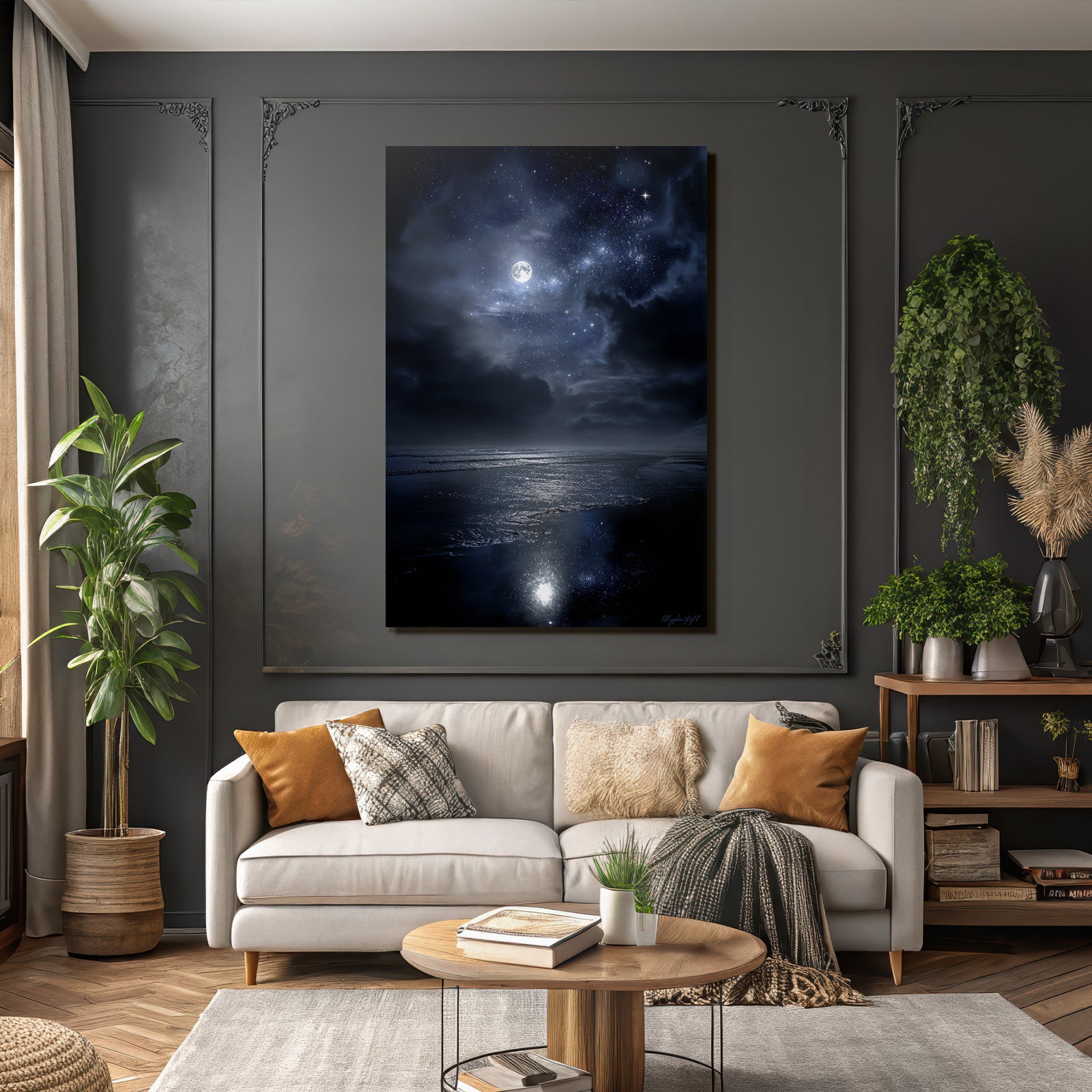 Stille Nachtlandschaft Mit Vollem Mond Und Wasserspiegelung