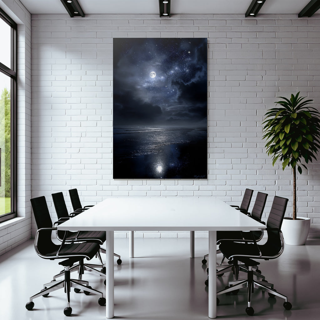 Stille Nachtlandschaft Mit Vollem Mond Und Wasserspiegelung