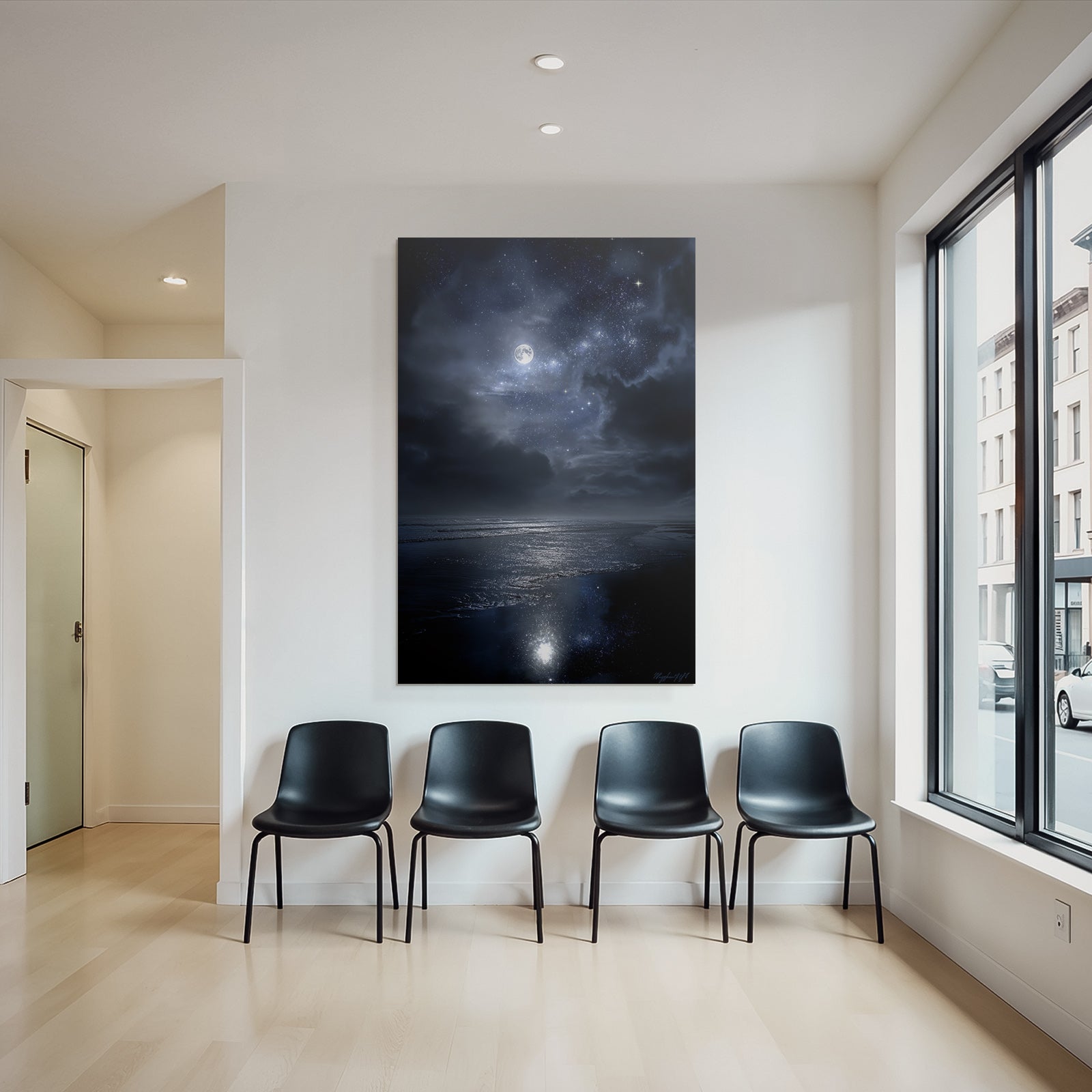 Stille Nachtlandschaft Mit Vollem Mond Und Wasserspiegelung