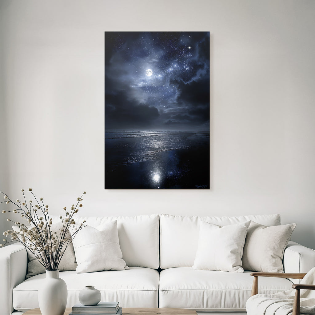 Stille Nachtlandschaft Mit Vollem Mond Und Wasserspiegelung