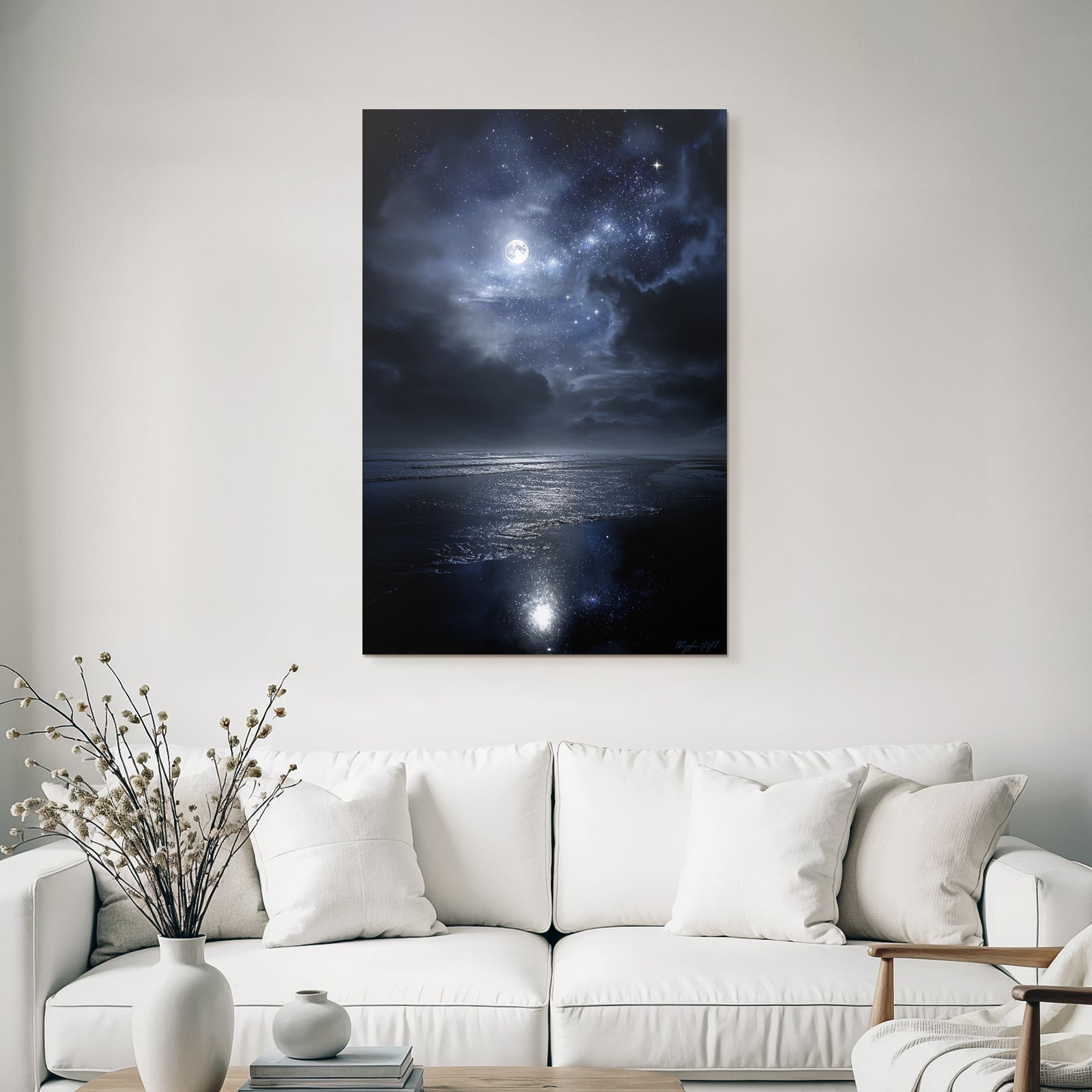 Stille Nachtlandschaft Mit Vollem Mond Und Wasserspiegelung