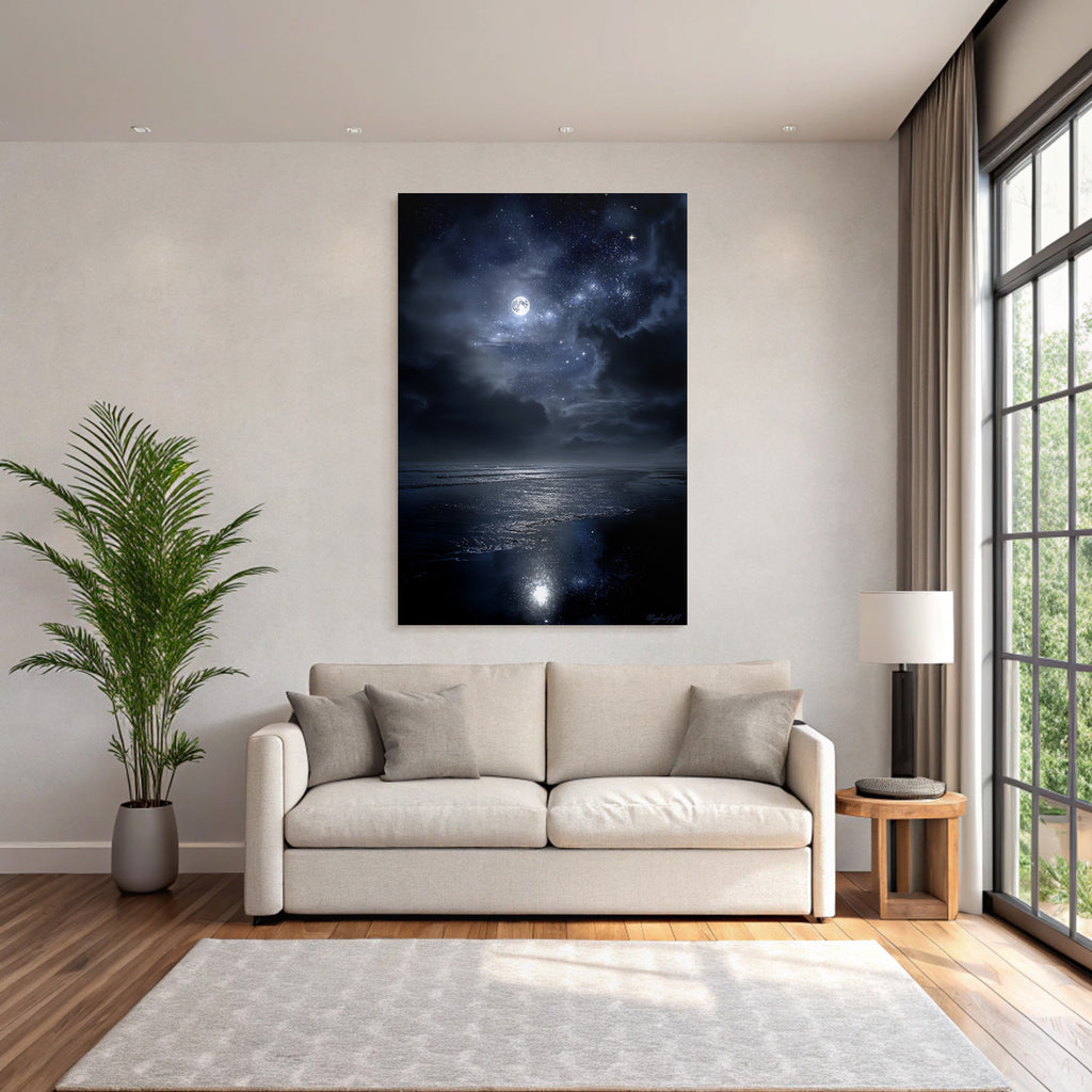 Stille Nachtlandschaft Mit Vollem Mond Und Wasserspiegelung