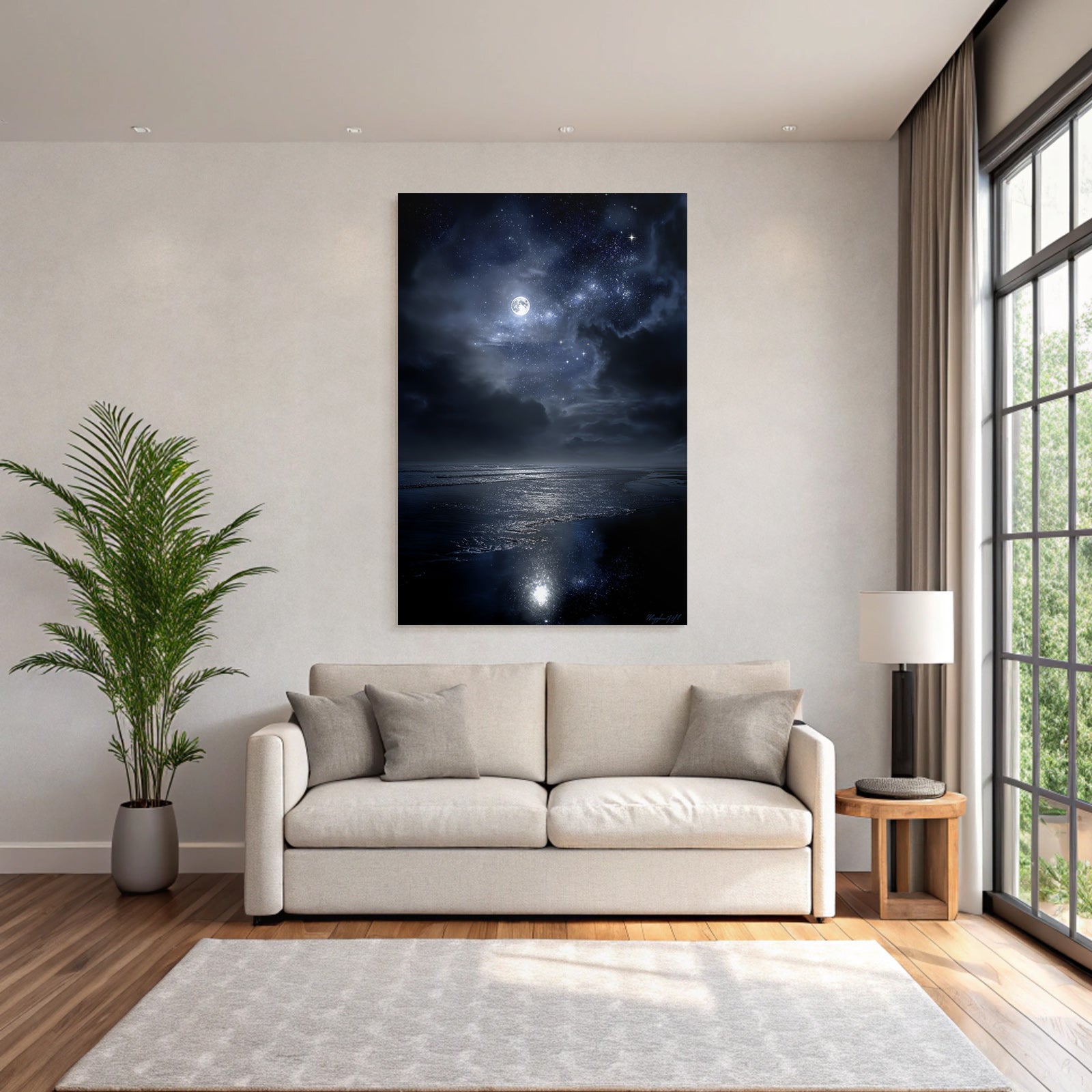 Stille Nachtlandschaft Mit Vollem Mond Und Wasserspiegelung