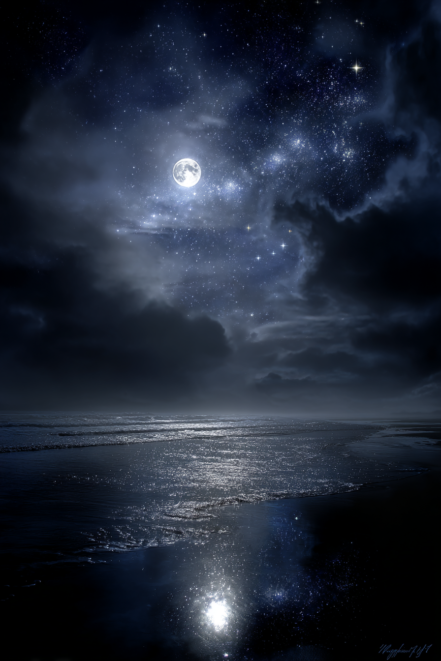 Stille Nachtlandschaft Mit Vollem Mond Und Wasserspiegelung | Psychedelische Kunst | Stilrichtungen