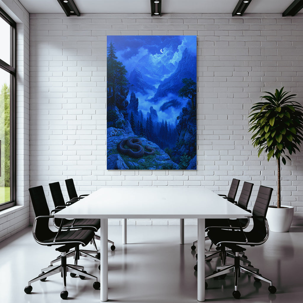 Stille Nachtliche Gebirgslandschaft Mit Schlange Nebel Und Mond