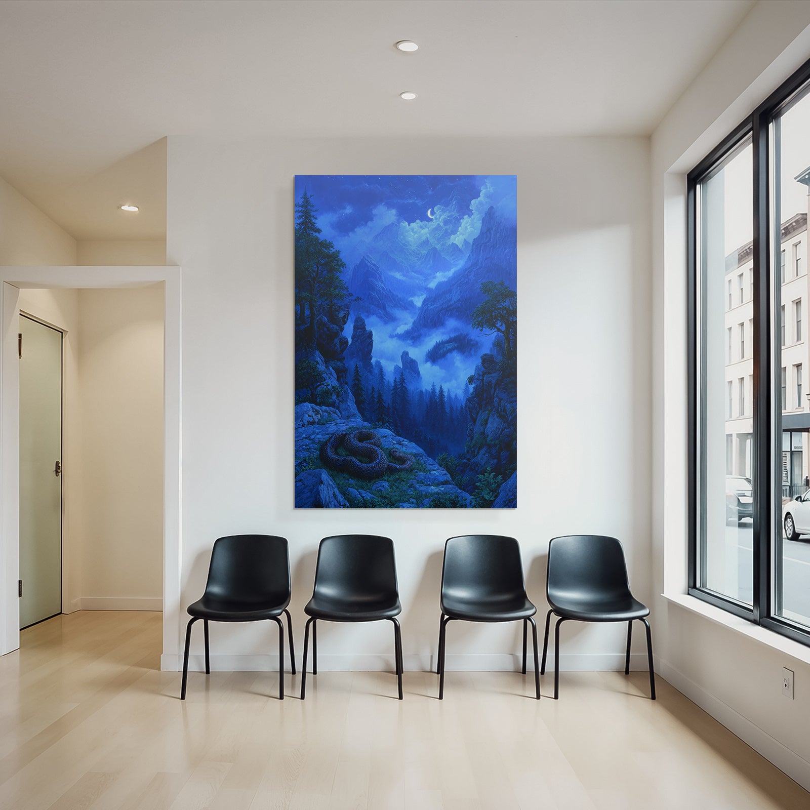 Stille Nachtliche Gebirgslandschaft Mit Schlange Nebel Und Mond