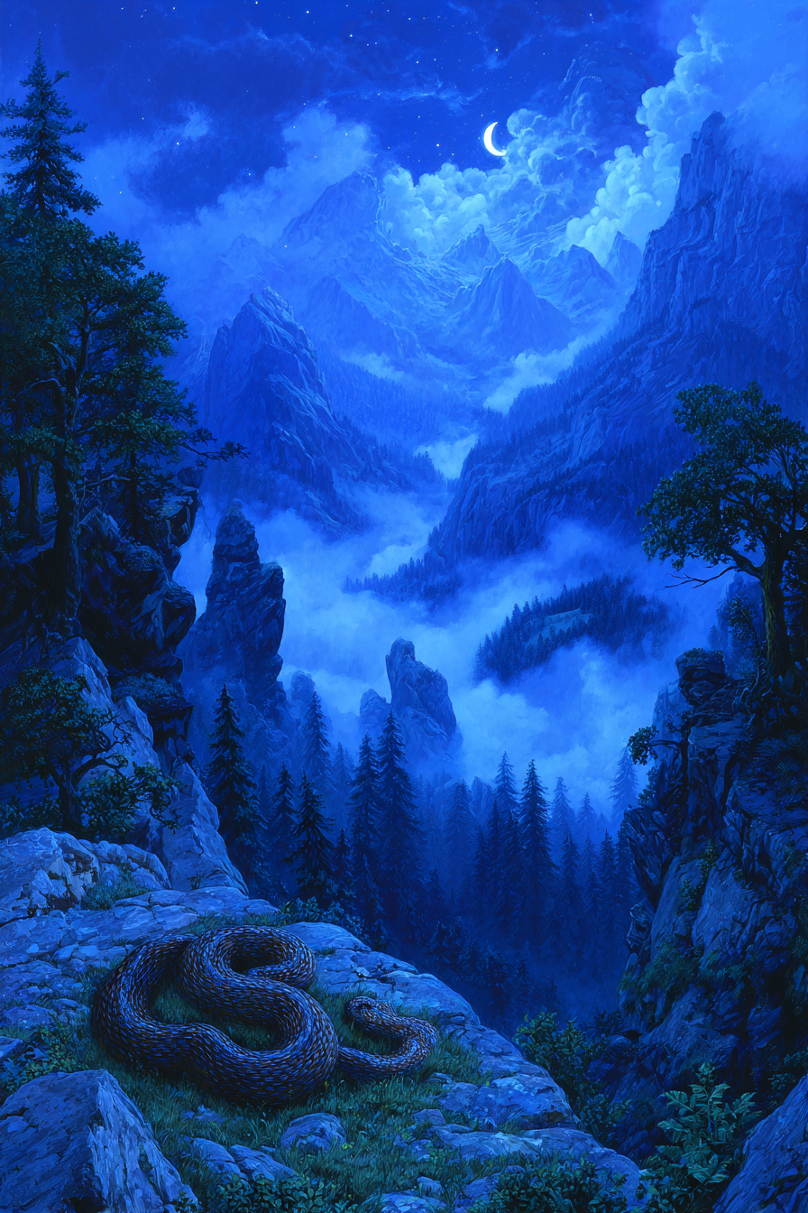 Stille Nachtliche Gebirgslandschaft Mit Schlange Nebel Und Mond | Psychedelische Kunst | Stilrichtungen