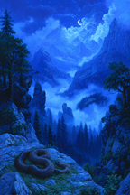 Stille Nachtliche Gebirgslandschaft Mit Schlange Nebel Und Mond | Psychedelische Kunst | Stilrichtungen