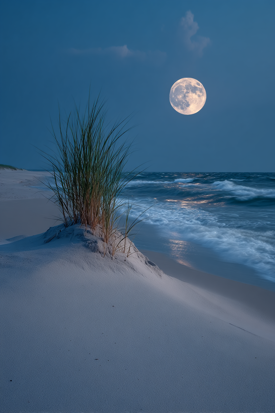 Strandgras Auf Der Sanddüne Unterm Vollmond | Psychedelische Kunst | Stilrichtungen