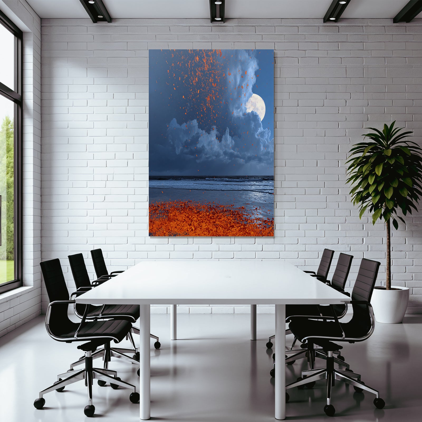Strandnacht Mit Grossem Mond Und Schwebenden Orangen Partikeln