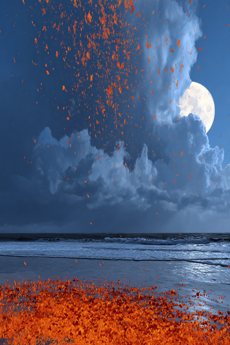Strandnacht Mit Grossem Mond Und Schwebenden Orangen Partikeln | Psychedelische Kunst | Stilrichtungen