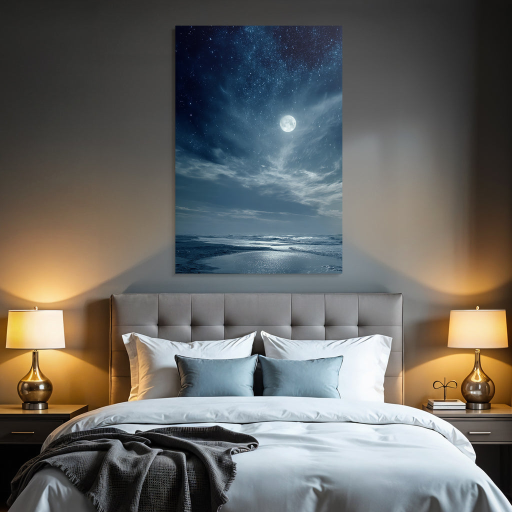Strandnacht Mit Vollmond Und Sternenhimmel
