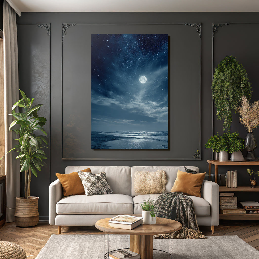Strandnacht Mit Vollmond Und Sternenhimmel