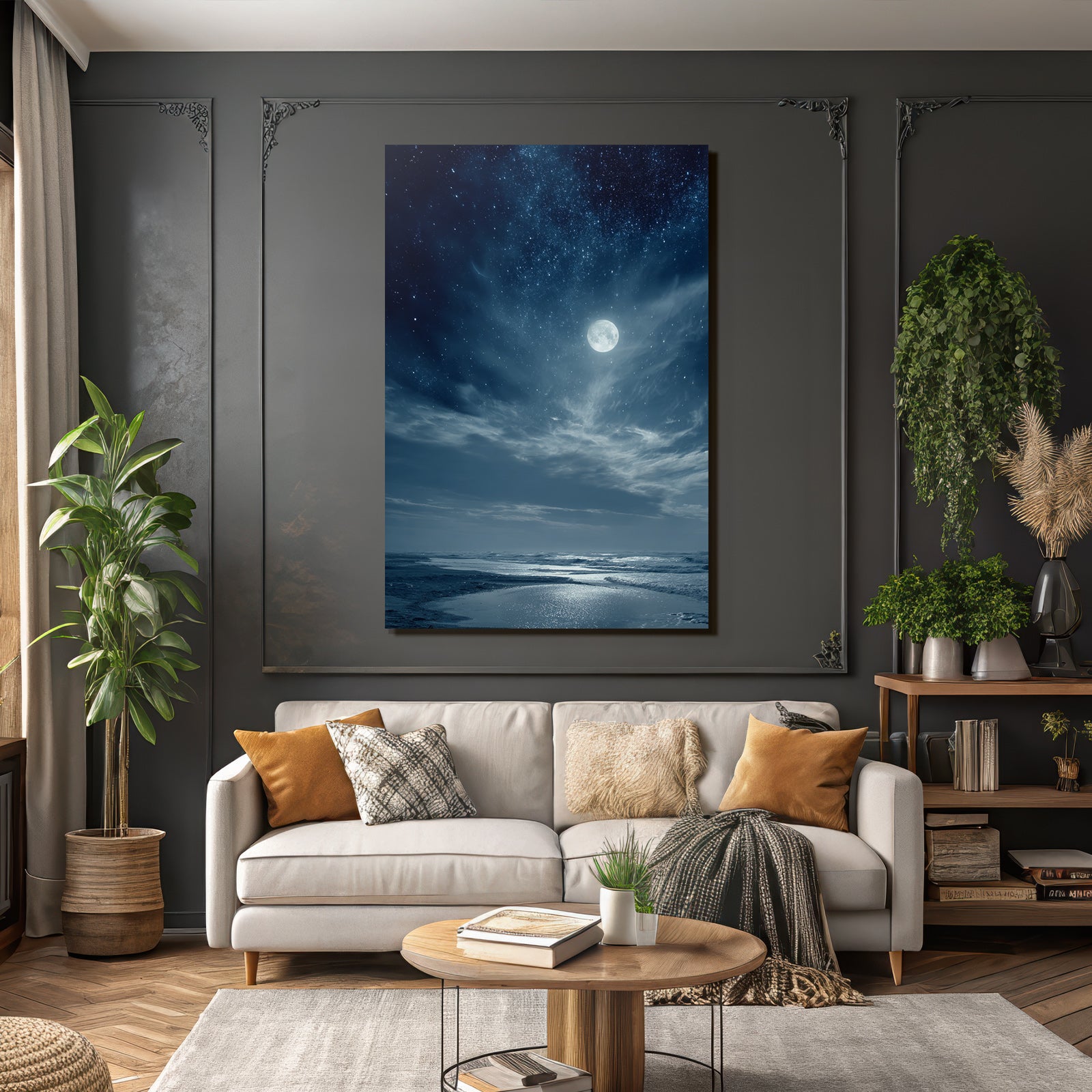 Strandnacht Mit Vollmond Und Sternenhimmel