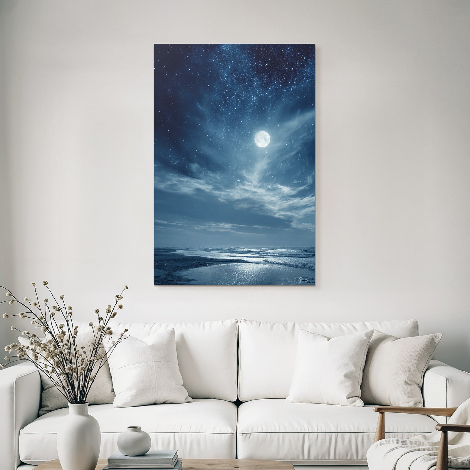 Strandnacht Mit Vollmond Und Sternenhimmel