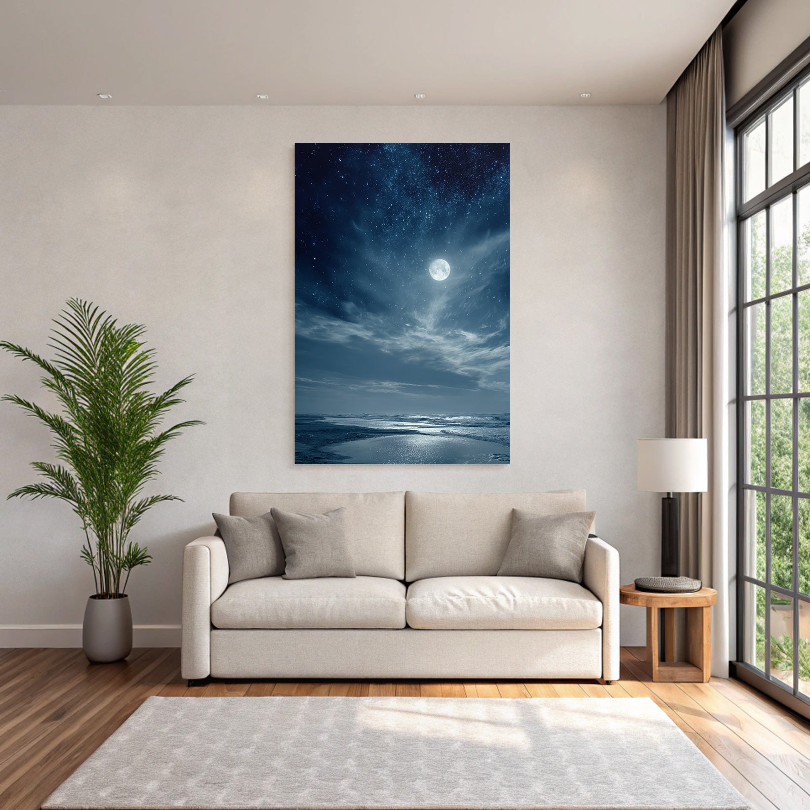 Strandnacht Mit Vollmond Und Sternenhimmel