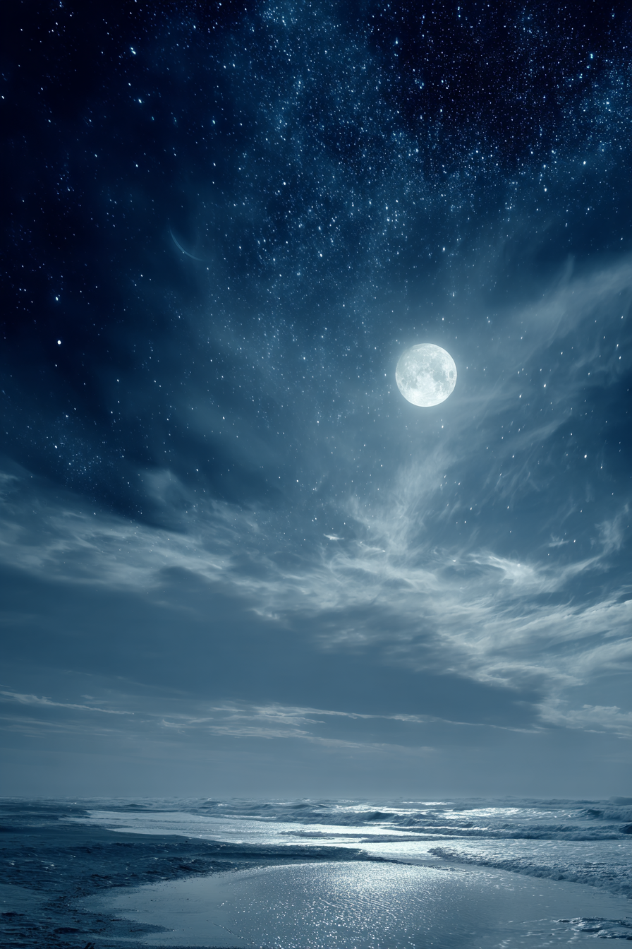 Strandnacht Mit Vollmond Und Sternenhimmel | Psychedelische Kunst | Stilrichtungen