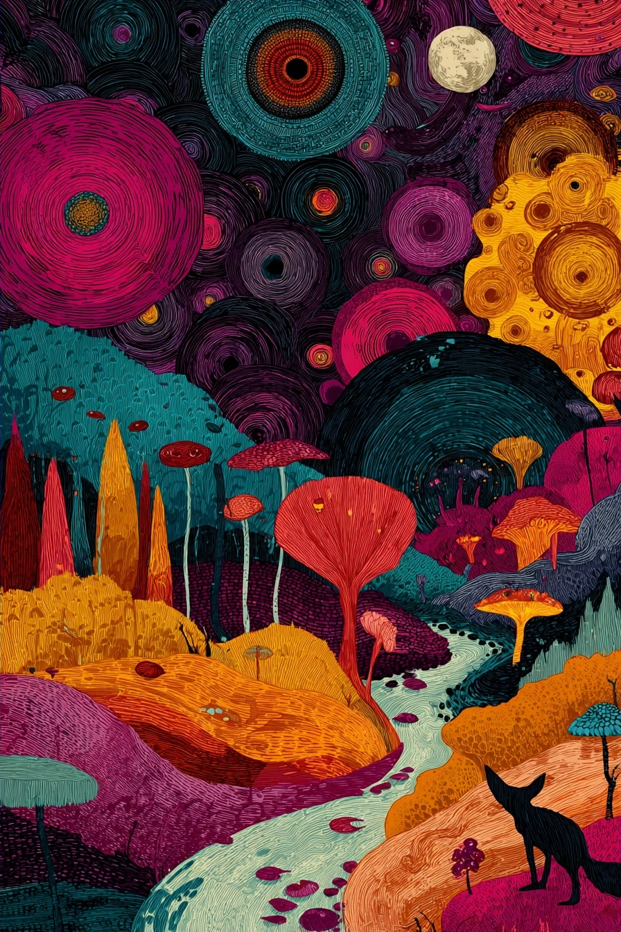 Surreale Farbenfrohe Waldlandschaft Mit Fuchs Und Fluss | Psychedelische Kunst | Stilrichtungen