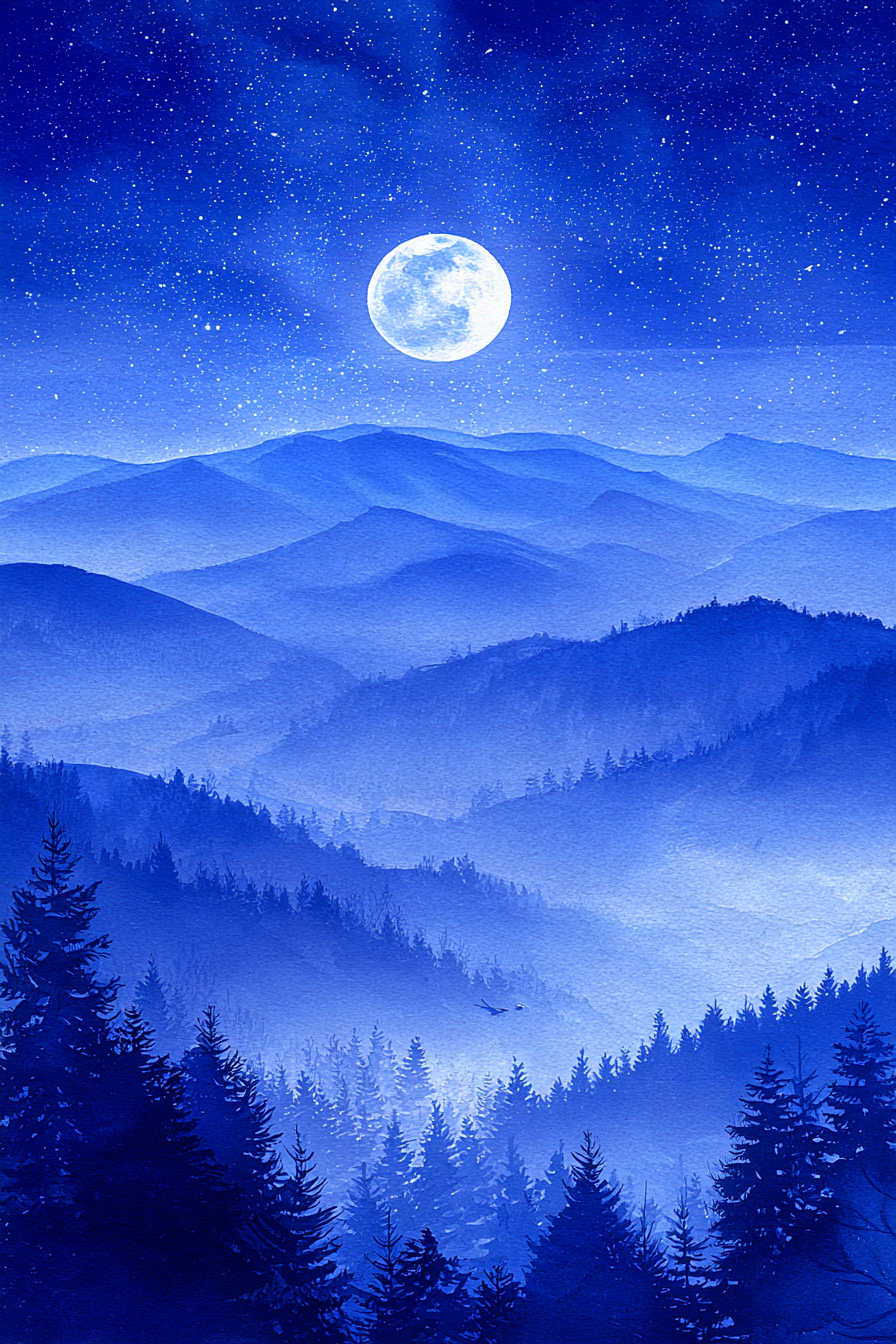 Traumhafte Nachtszenerie Mit Leuchtendem Mond Uber Blaüs Gebirge | Psychedelische Kunst | Stilrichtungen