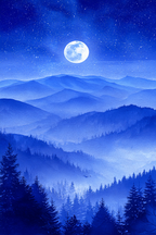Traumhafte Nachtszenerie Mit Leuchtendem Mond Uber Blaüs Gebirge | Psychedelische Kunst | Stilrichtungen