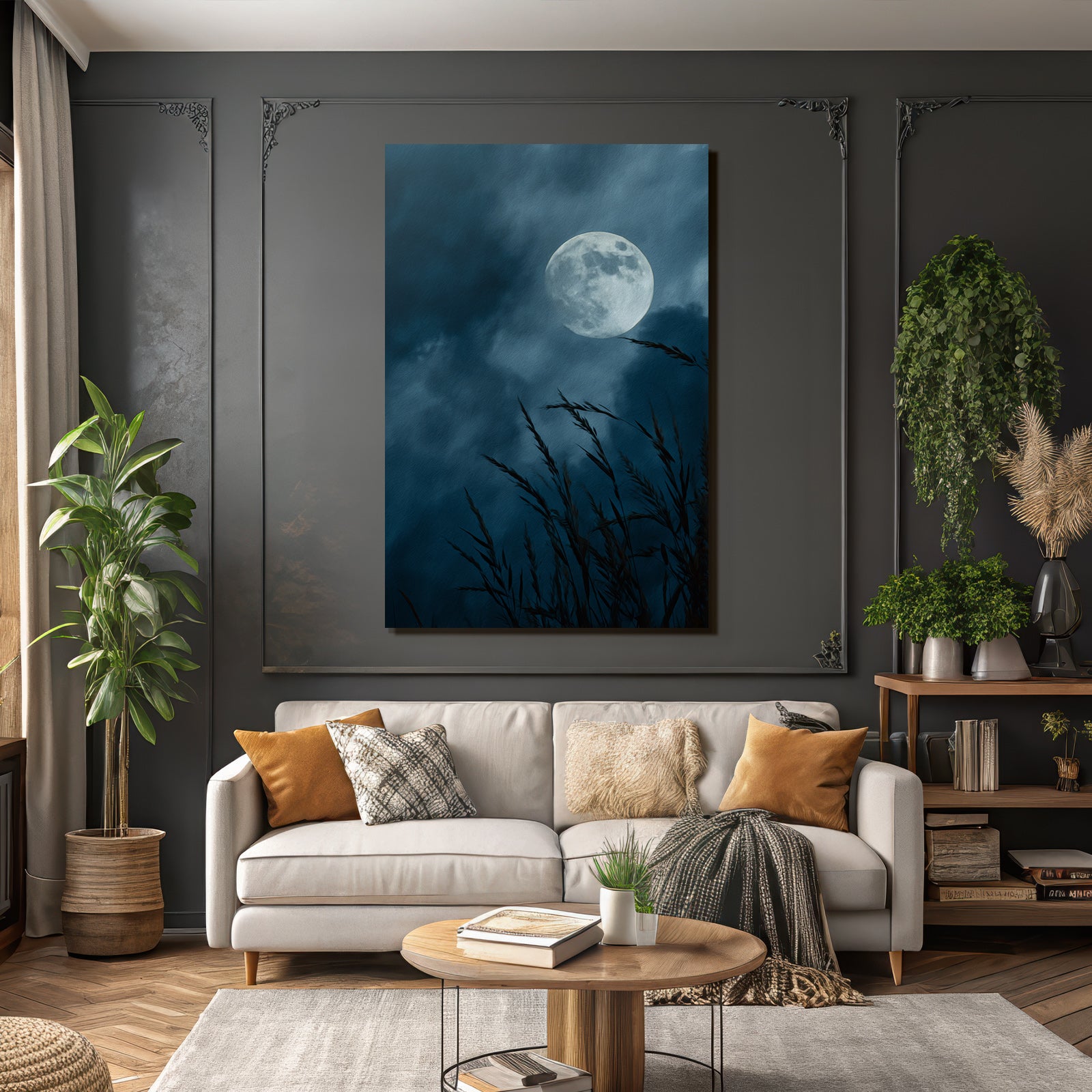 Vollmond Über Schilfrohr Silhoütten Im Wolkigen Nachthimmel