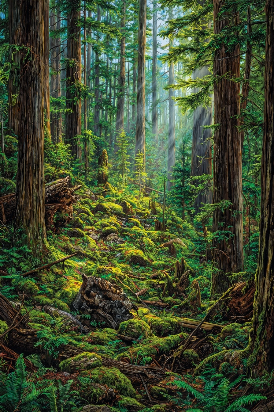 Waldlandschaft Mit Grünem Moos Und Farnen | Psychedelische Kunst | Stilrichtungen
