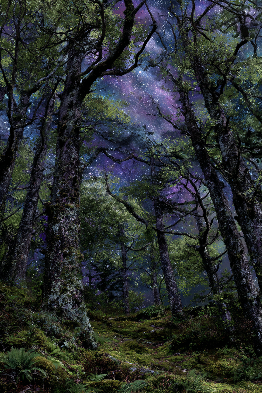Waldlandschaft Mit Kosmischem Himmel | Psychedelische Kunst | Stilrichtungen