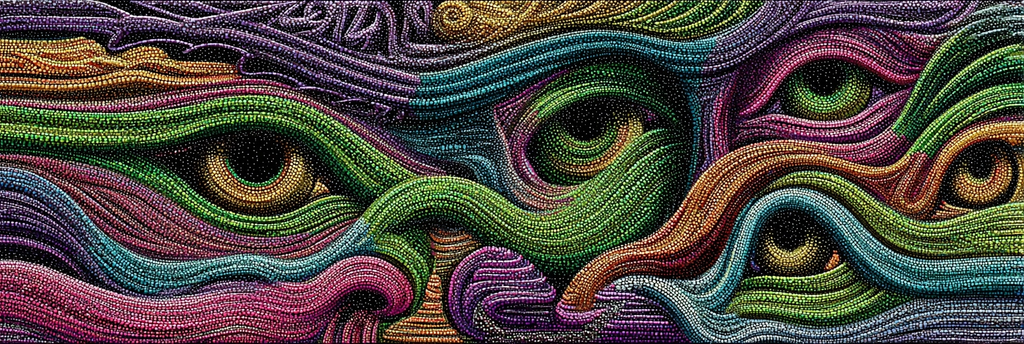 Abstraktes Kunstwerk Mit Lebendigen Farben Wirbelmustern Und Augen | Psychedelische Kunst | Stilrichtungen