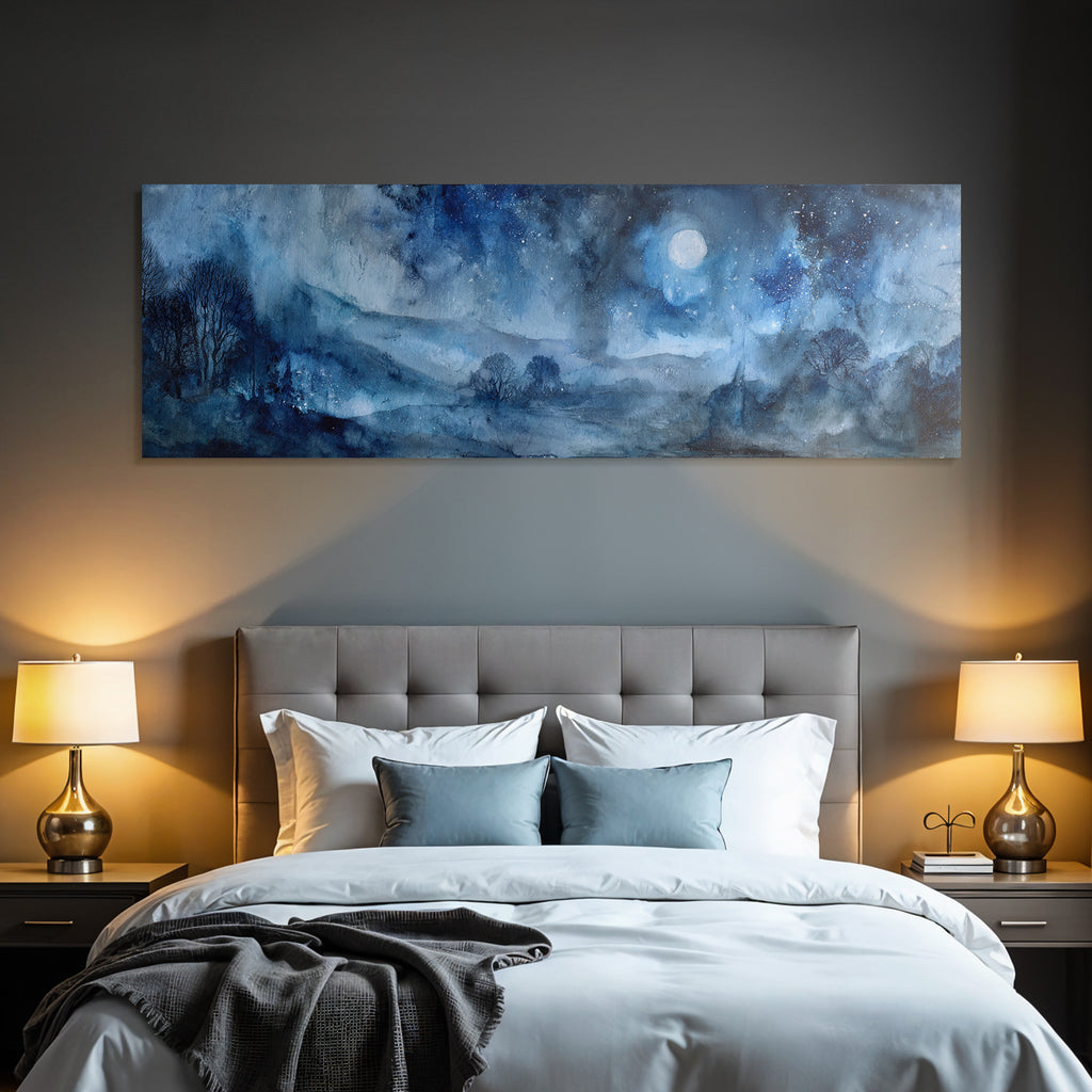 Aquarellnachtsszenerie Mit Silhoütten Von Baeumen Sternenhimmel Und Grossem Mond