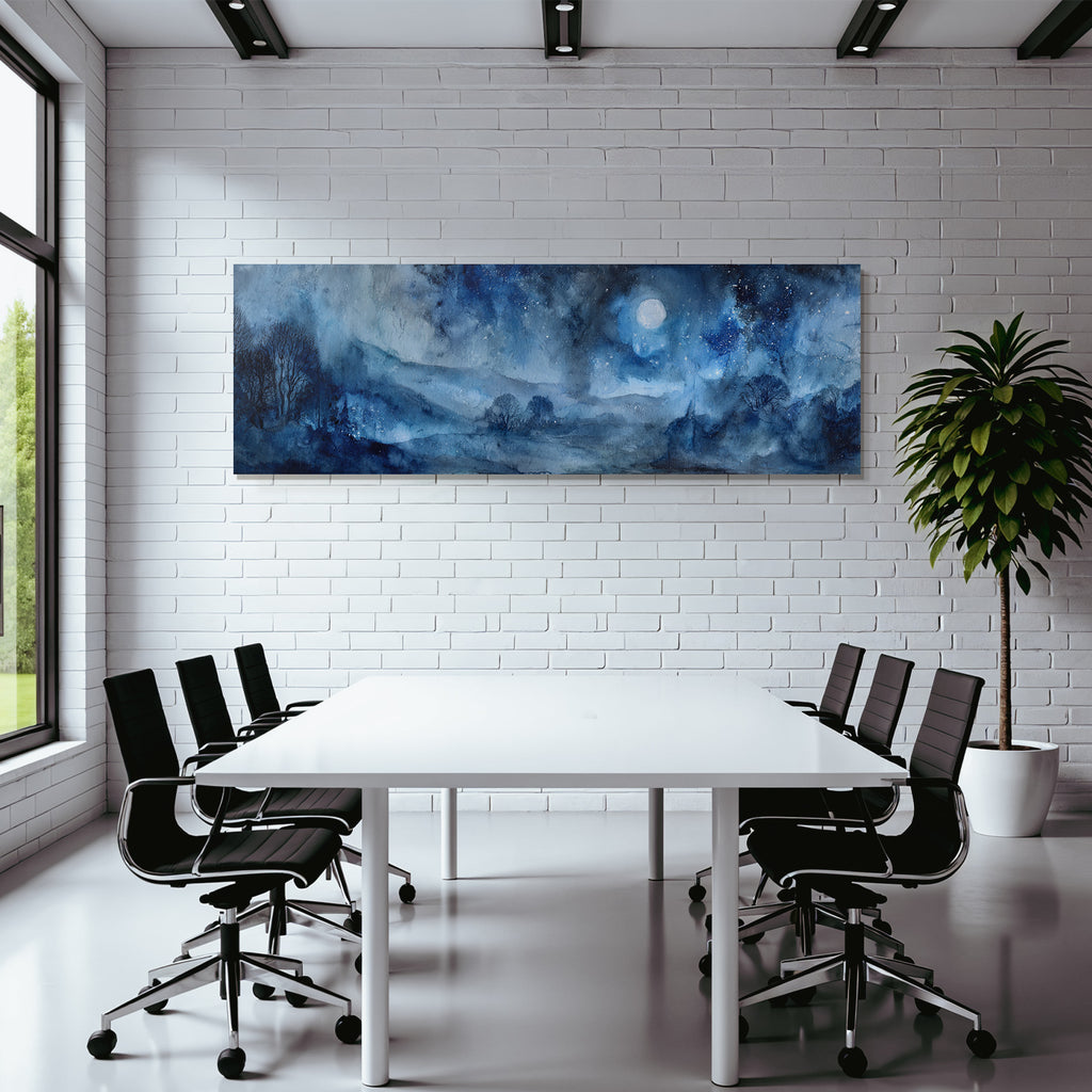 Aquarellnachtsszenerie Mit Silhoütten Von Baeumen Sternenhimmel Und Grossem Mond
