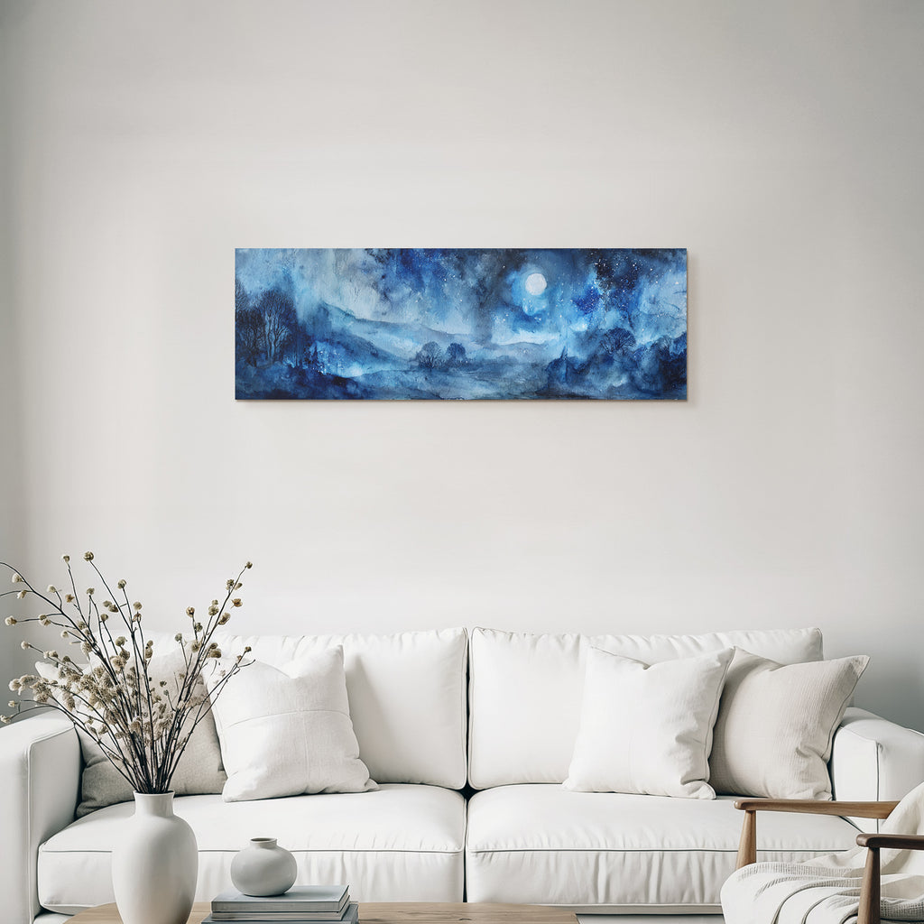 Aquarellnachtsszenerie Mit Silhoütten Von Baeumen Sternenhimmel Und Grossem Mond