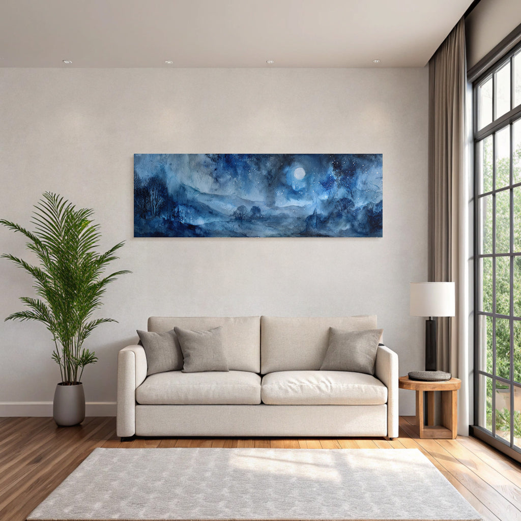 Aquarellnachtsszenerie Mit Silhoütten Von Baeumen Sternenhimmel Und Grossem Mond