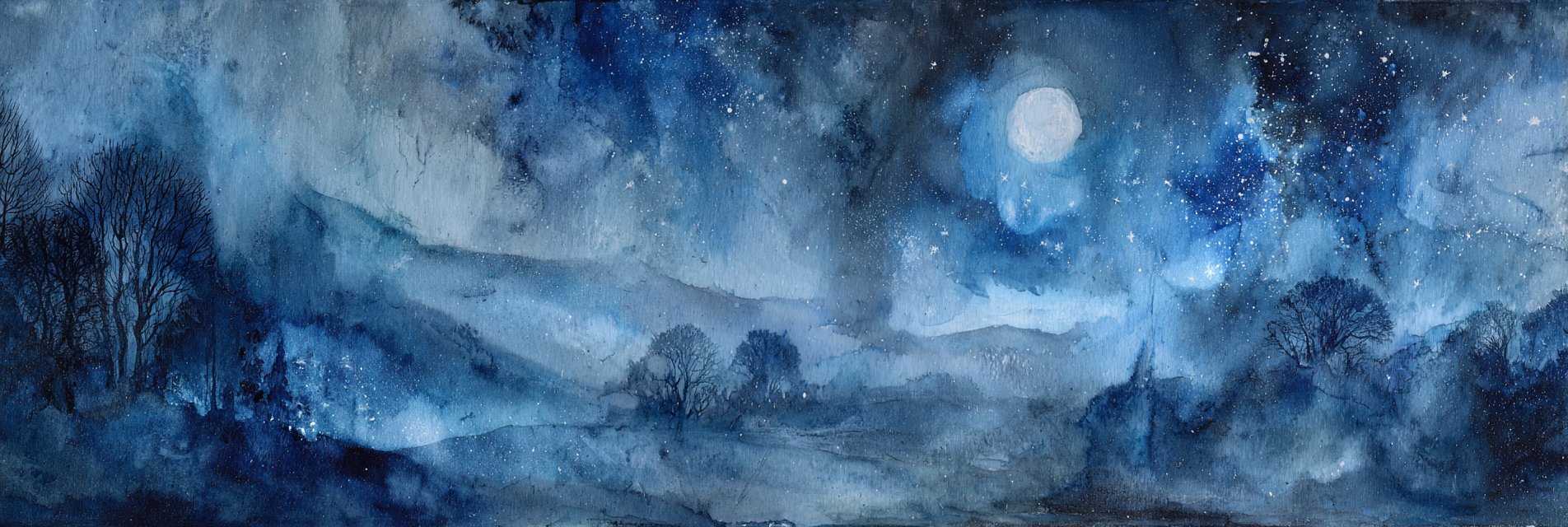 Aquarellnachtsszenerie Mit Silhoütten Von Baeumen Sternenhimmel Und Grossem Mond | Psychedelische Kunst | Stilrichtungen