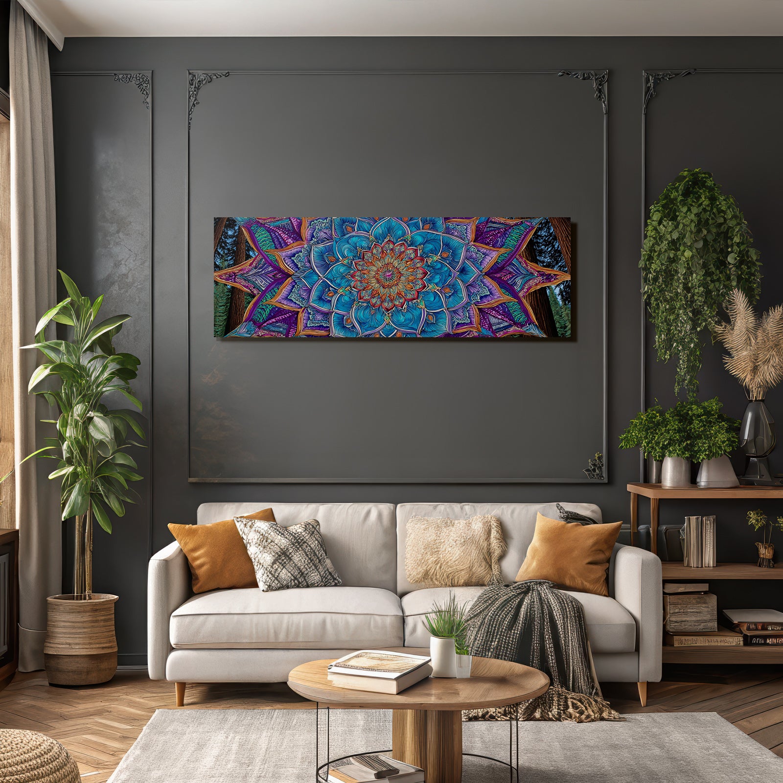 Beruhigendes Blau Lila Mandala Mit Floralem Motiv Im Wald