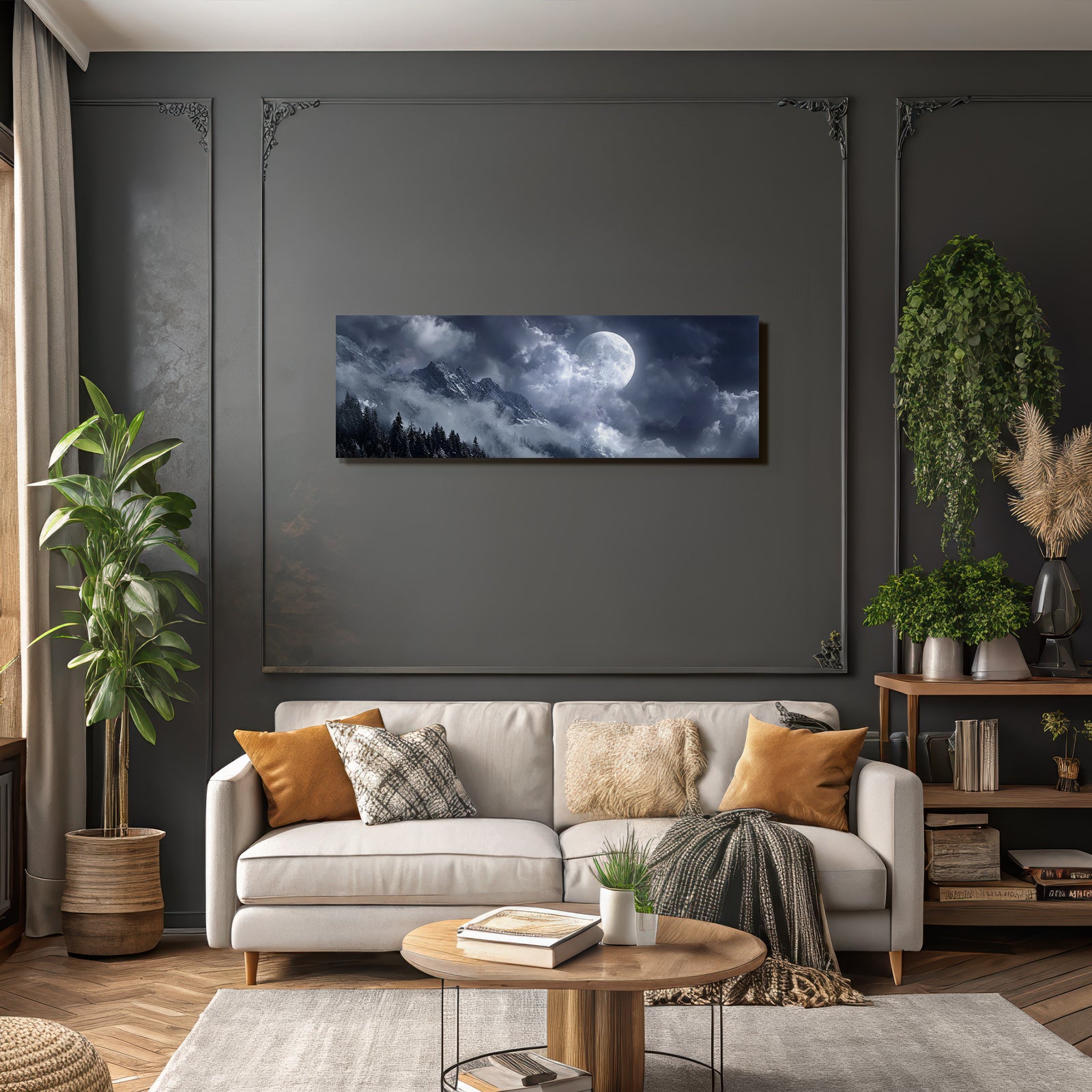 Dramatische Nachtlandschaft Mit Mond Wolken Und Schneebedeckten Bergen