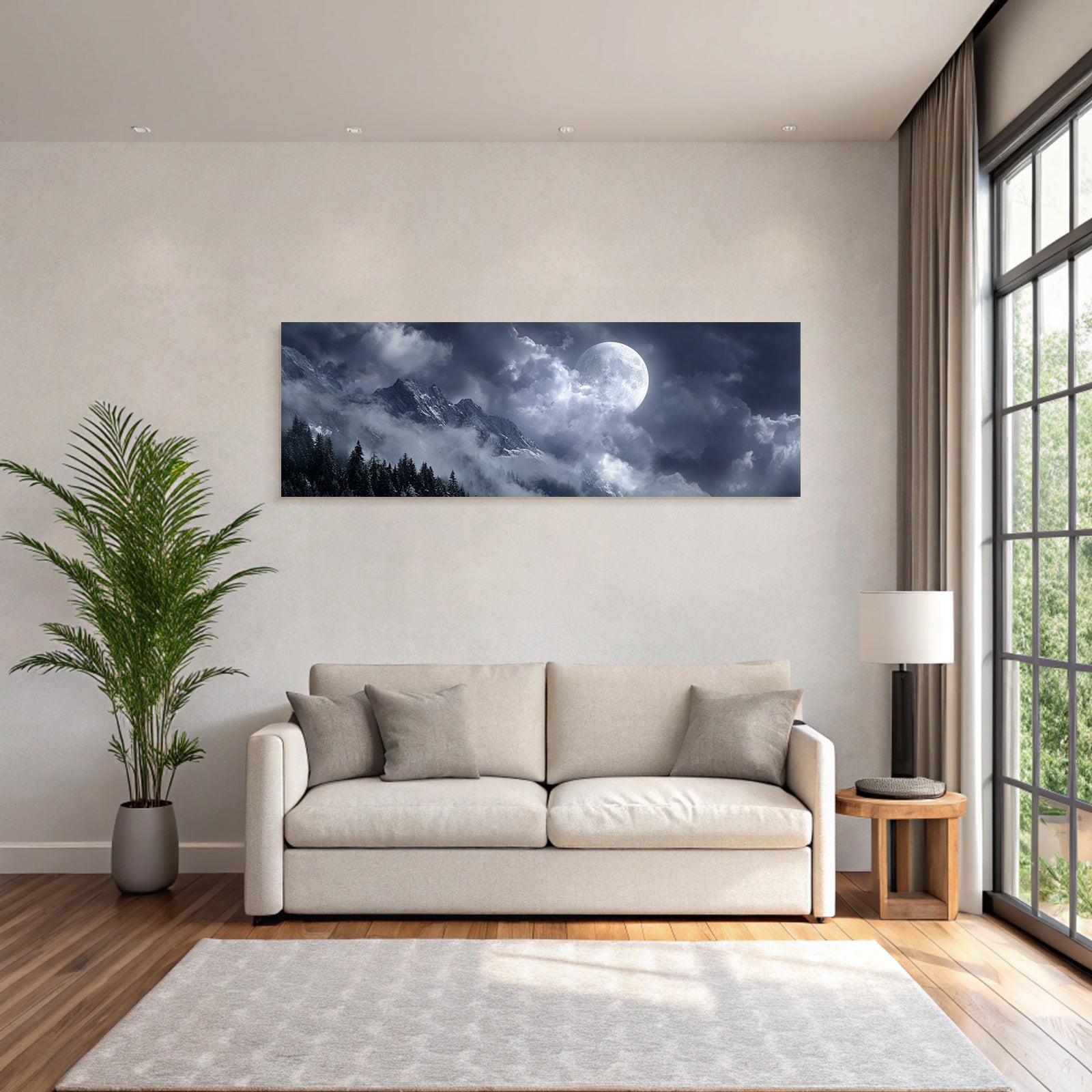 Dramatische Nachtlandschaft Mit Mond Wolken Und Schneebedeckten Bergen