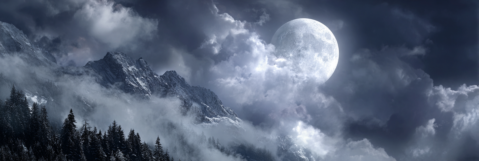Dramatische Nachtlandschaft Mit Mond Wolken Und Schneebedeckten Bergen | Psychedelische Kunst | Stilrichtungen