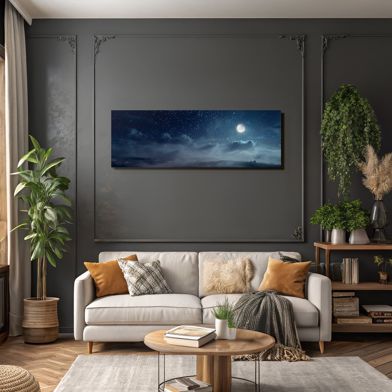 Friedliche Nachtlandschaft Mit Mond Sternen Und Nebel