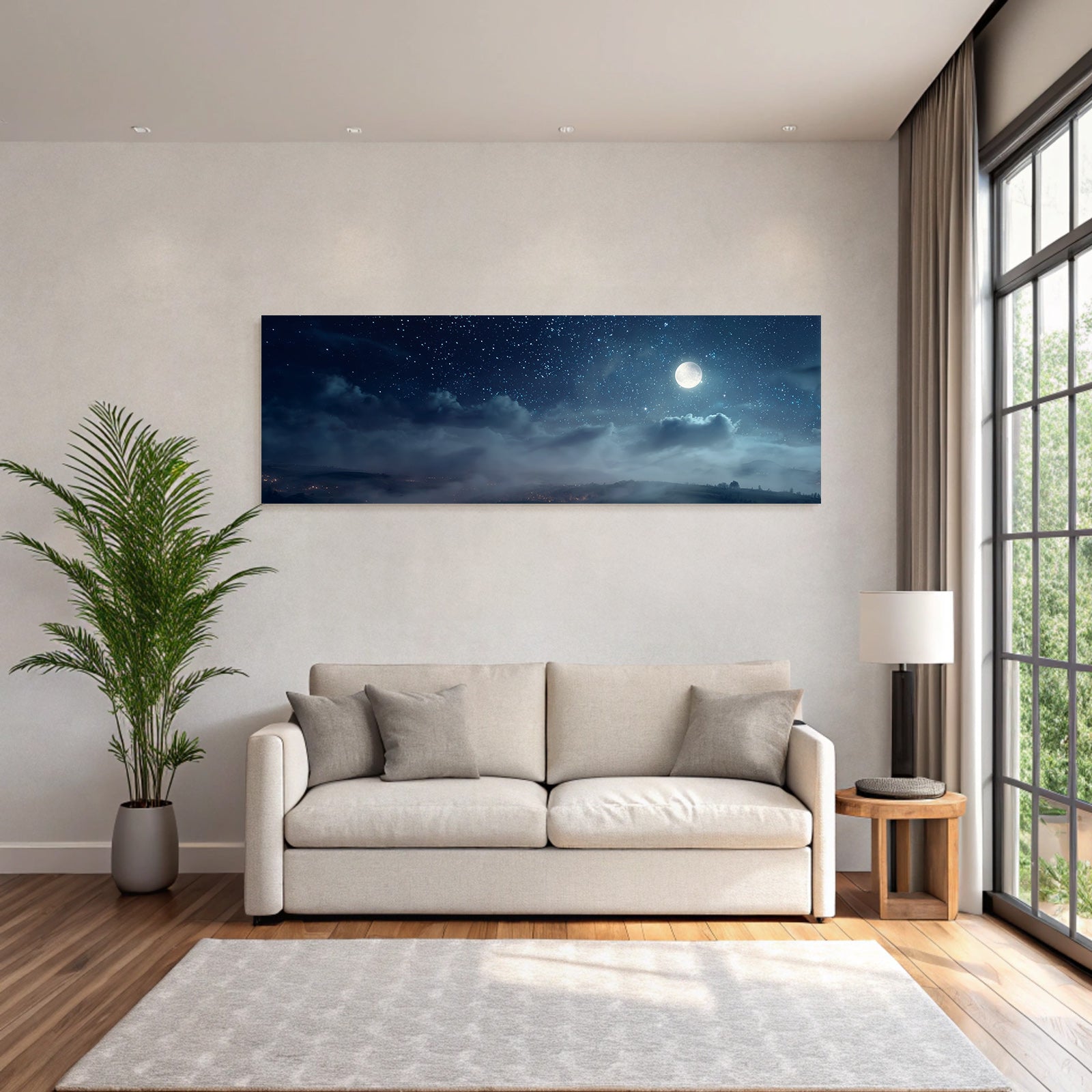 Friedliche Nachtlandschaft Mit Mond Sternen Und Nebel
