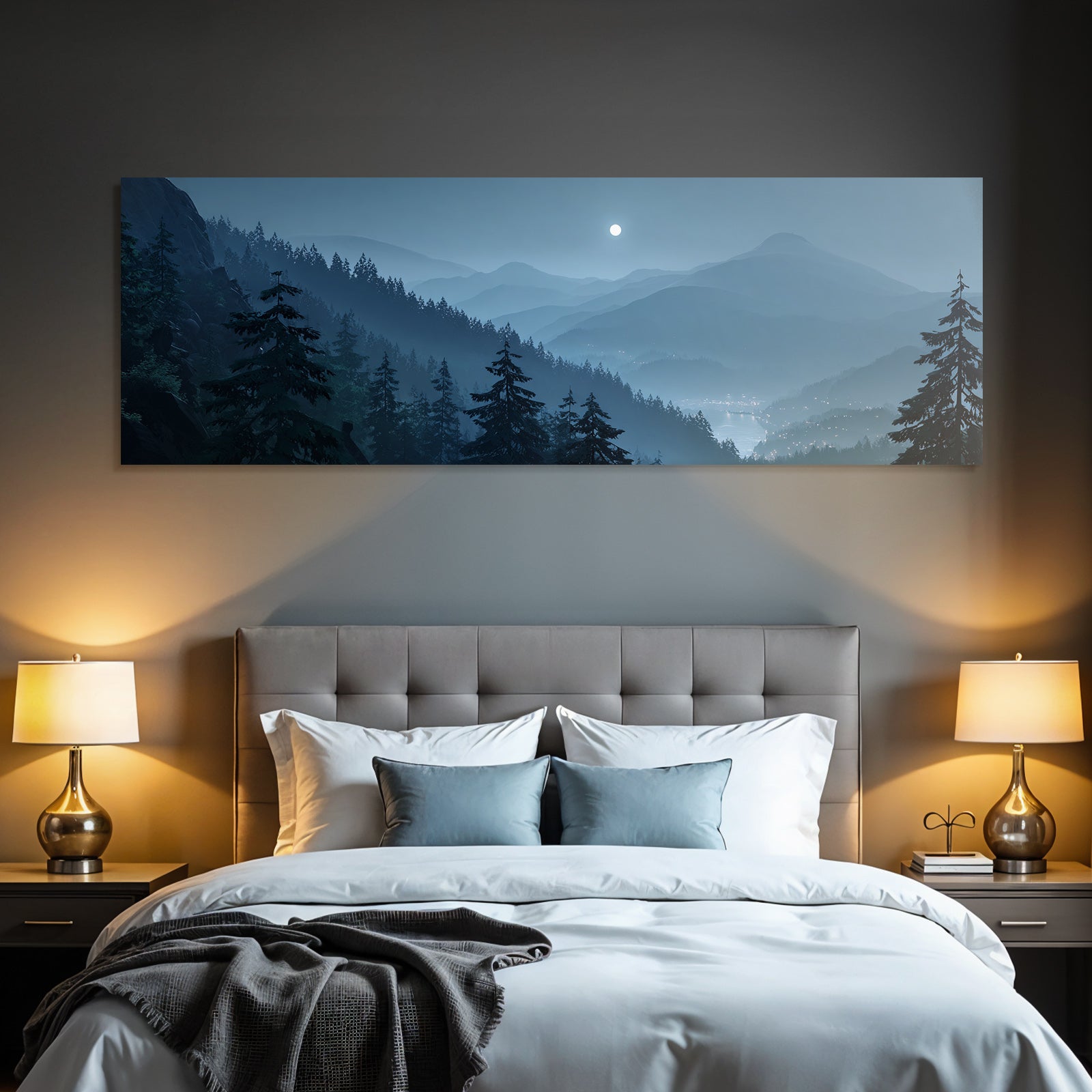 Friedliche Nachtszenerie Mit Mond Und Bergen