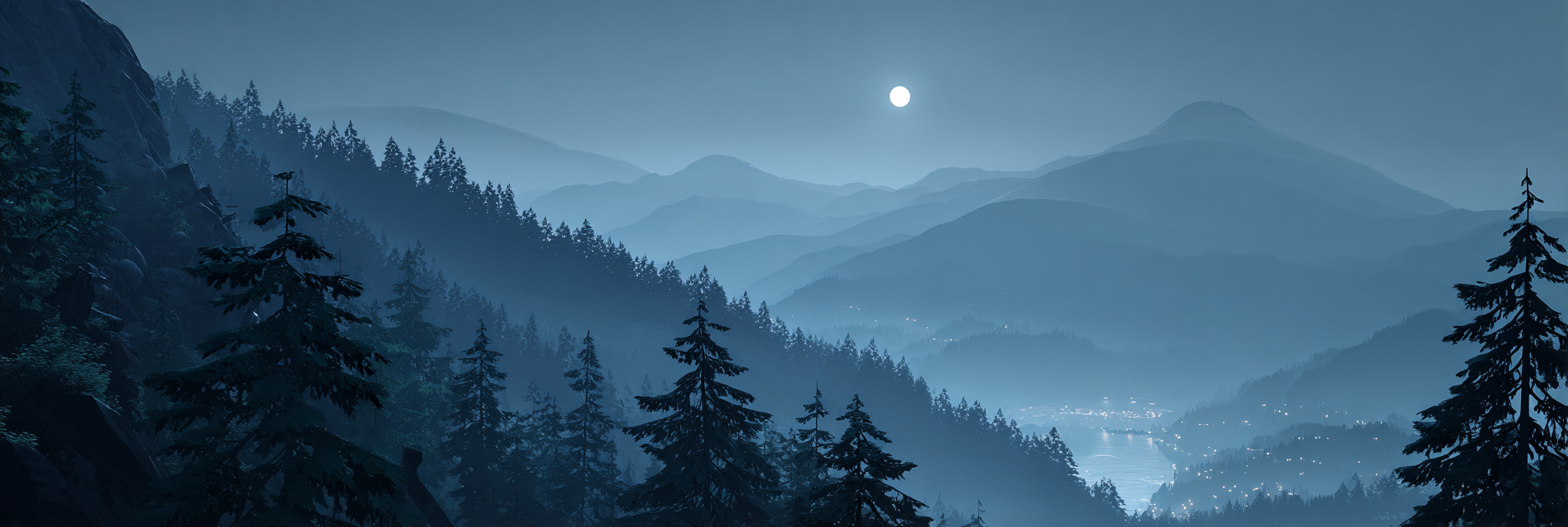 Friedliche Nachtszenerie Mit Mond Und Bergen | Psychedelische Kunst | Stilrichtungen