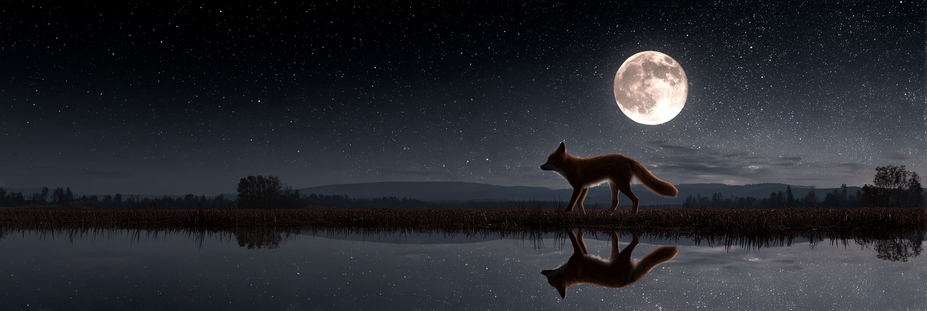 Fuchs Am Ufer Einer Spiegelnden Wasseroberfläche Unter Dem Mond | Psychedelische Kunst | Stilrichtungen