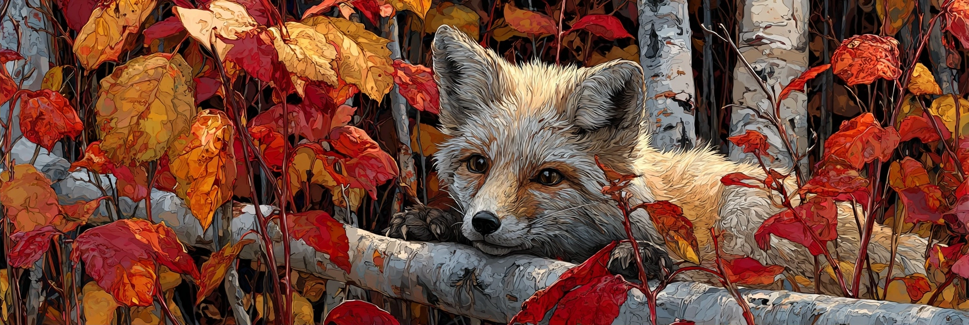 Fuchs Ruht Im Birkenwald Mit Bunten Herbstblättern | Psychedelische Kunst | Stilrichtungen
