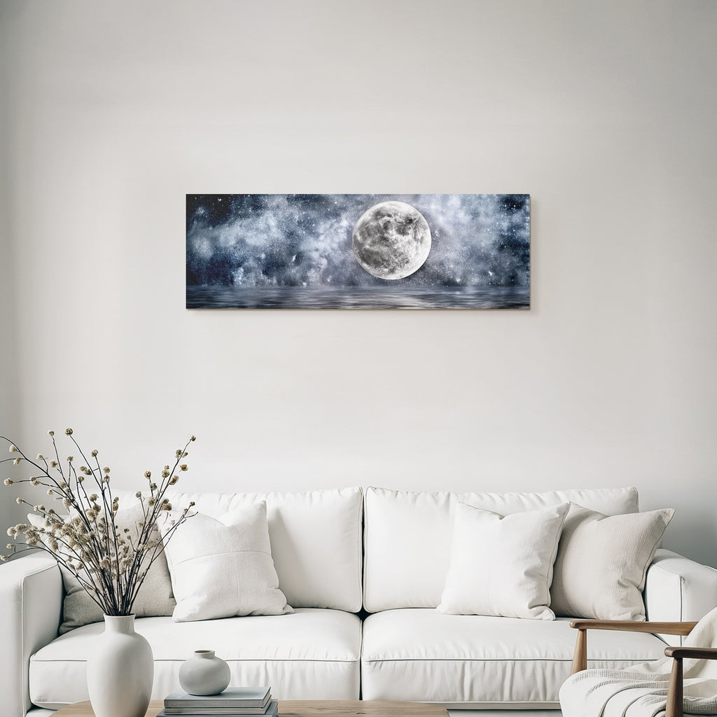 Grosser Mond Im Sternenklaren Himmel Und Spiegelndem See