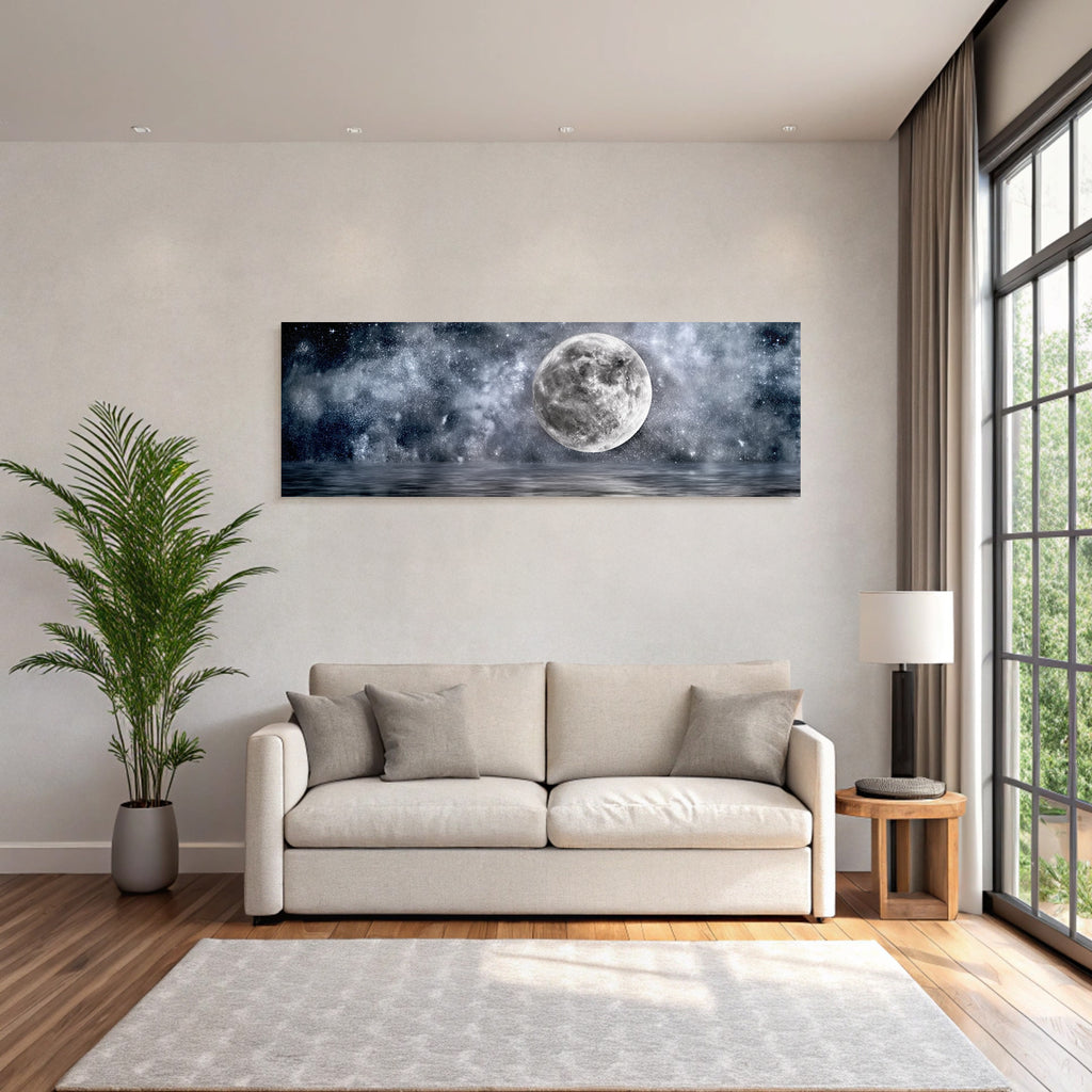 Grosser Mond Im Sternenklaren Himmel Und Spiegelndem See
