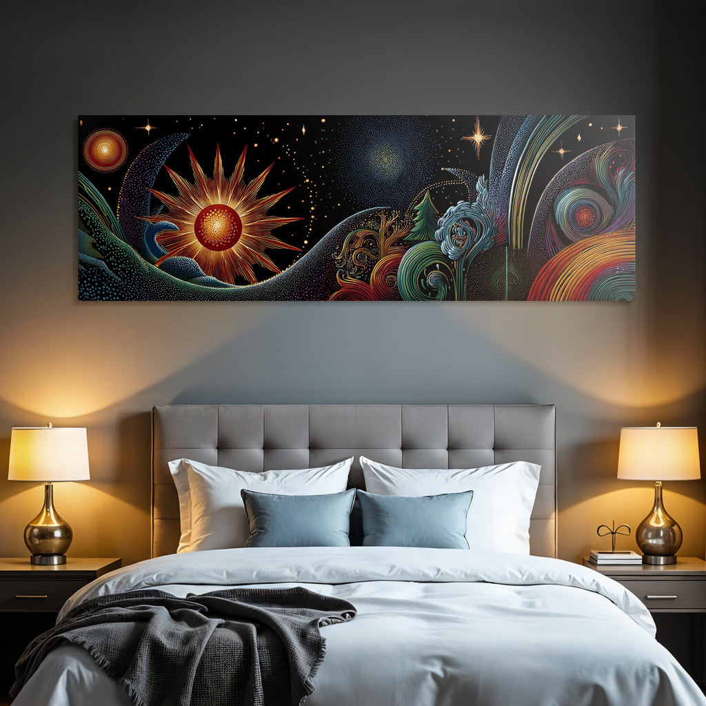 Kosmische Harmonie Von Sonne Planeten Baeumen Und Wellen