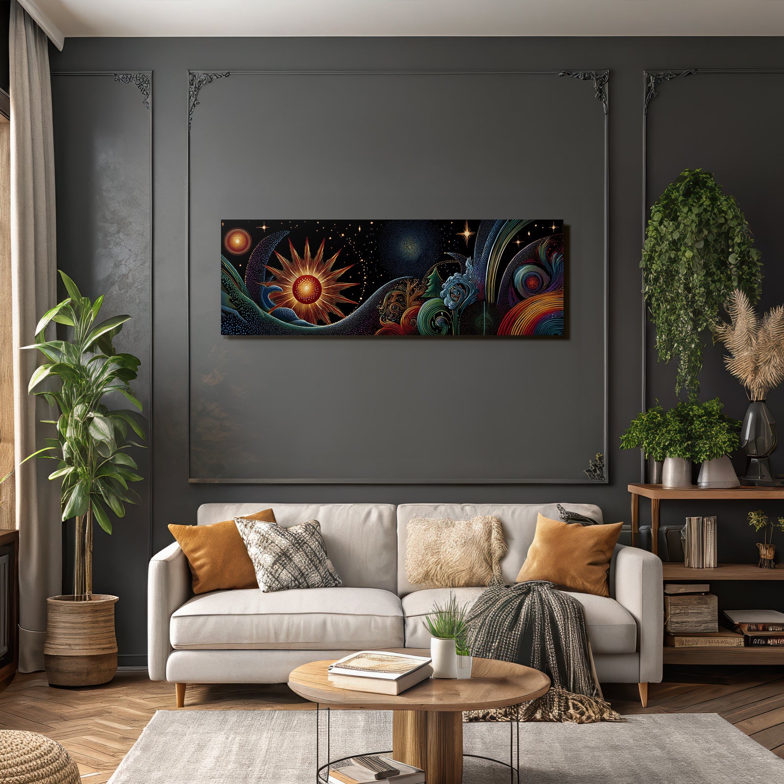 Kosmische Harmonie Von Sonne Planeten Baeumen Und Wellen