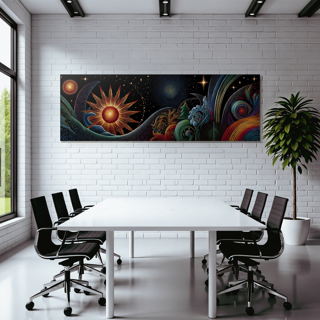 Kosmische Harmonie Von Sonne Planeten Baeumen Und Wellen