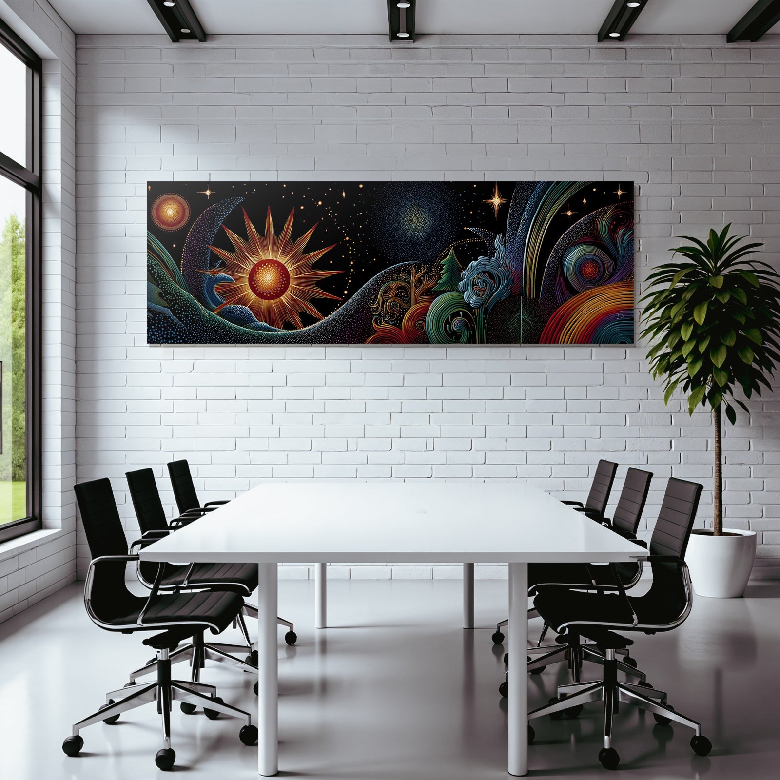 Kosmische Harmonie Von Sonne Planeten Baeumen Und Wellen