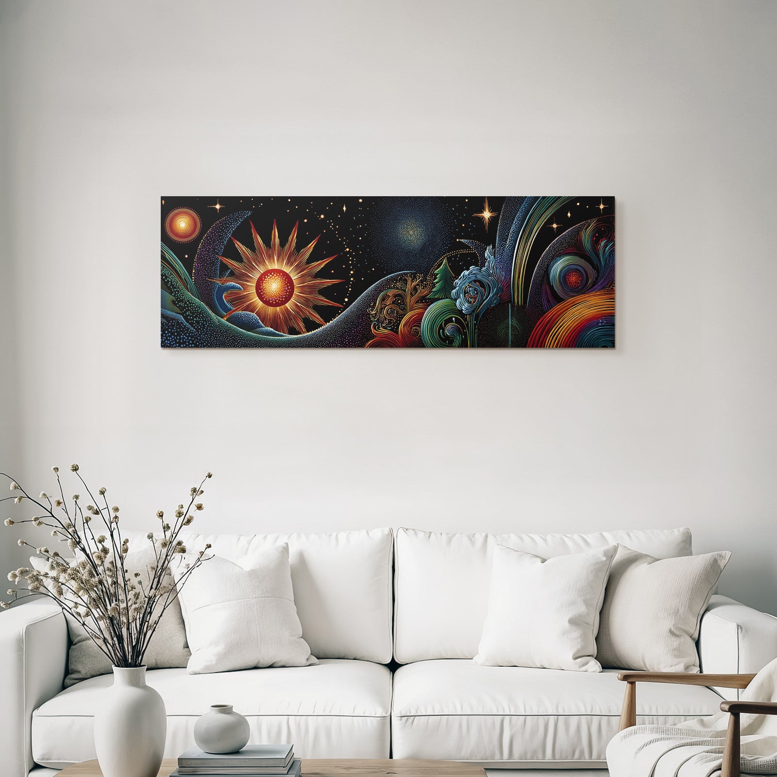 Kosmische Harmonie Von Sonne Planeten Baeumen Und Wellen